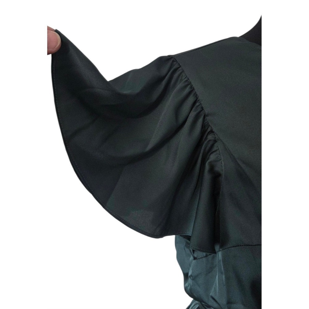 Nicole Miller Emerald Green Satin Wrap Dress Ruffled Hem Flutter Sleeve Size M/L - Picture 5 of 8